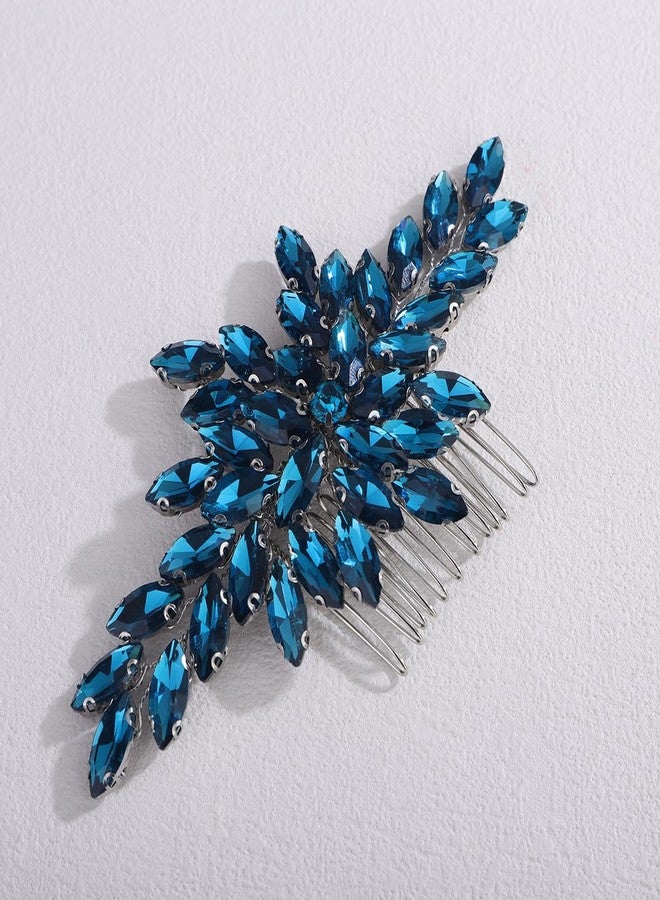 Xerling Colored Floral Rhinestone Bridal Hair Side Comb Women Brides Wedding Handmade Hair Accessories Jewelry Headpiece (Peacock Blue) - Image 2